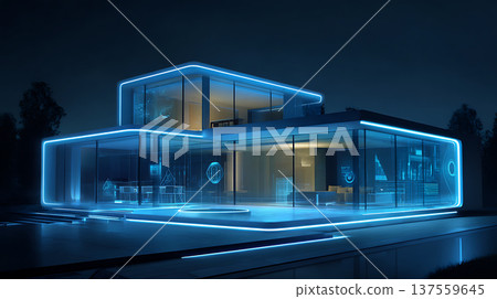 Futuristic smart home glowing in blue neon light modern minimal glass architecture at night, sleek ambient mood Futuristic smart home glowing in blue neon light modern minimal glass architecture at night, sleek ambient mood 137559645