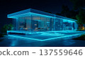 Futuristic smart home glowing in blue neon light modern minimal interior at night serene and innovative atmosphere 137559646