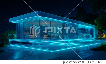 Futuristic smart home glowing in blue neon light modern minimal interior at night serene and innovative atmosphere Futuristic smart home glowing in blue neon light modern minimal interior at night serene and innovative atmosphere 137559646