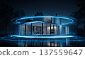 Futuristic smart home glowing in blue neon light modern minimal architecture at night with reflection 137559647