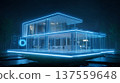 Futuristic smart home glowing in blue neon light modern minimal glass house with luminous outline and reflective pool at night 137559648