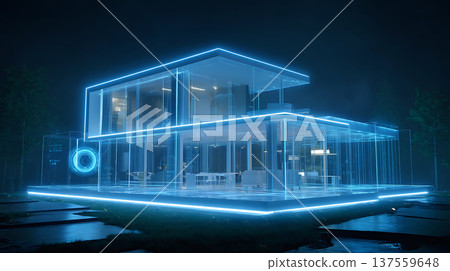 Futuristic smart home glowing in blue neon light modern minimal glass house with luminous outline and reflective pool at night Futuristic smart home glowing in blue neon light modern minimal glass house with luminous outline and reflective pool at night 137559648