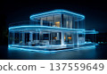 Futuristic smart home glowing blue neon light modern minimal architecture night with illuminated glass facade and interior 137559649