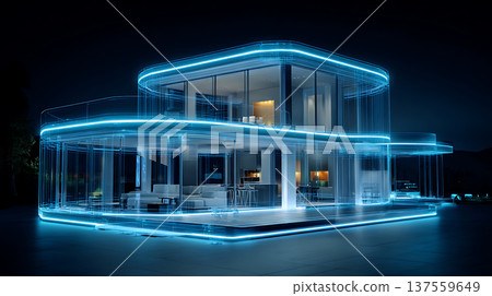 Futuristic smart home glowing blue neon light modern minimal architecture night with illuminated glass facade and interior Futuristic smart home glowing blue neon light modern minimal architecture night with illuminated glass facade and interior 137559649