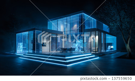 Futuristic smart home glowing in blue neon light modern minimal glass architecture with digital interface ambiance Futuristic smart home glowing in blue neon light modern minimal glass architecture with digital interface ambiance 137559650