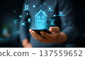 Smart home control interface with glowing house hologram and connected device icons, user operating smartphone with tech feel 137559652