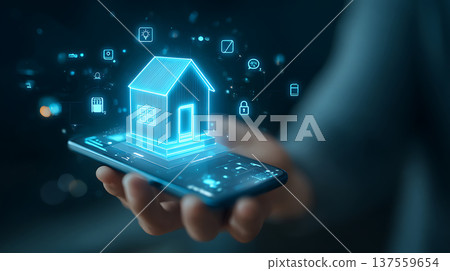 Smartphone projecting holographic smart home interface with connected device icons and glowing blue light 137559654