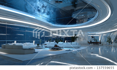 Futuristic underground smart house glass ceiling showing starry sky and spacious lounge with modern furniture, serene ambiance Futuristic underground smart house glass ceiling showing starry sky and spacious lounge with modern furniture, serene ambiance 137559655