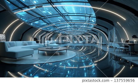 Futuristic underground smart house with glass ceiling, curved living space reflecting blue lights, modern lounge and work area Futuristic underground smart house with glass ceiling, curved living space reflecting blue lights, modern lounge and work area 137559656