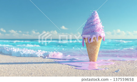 Giant pastel ice cream cone melting on tropical beach sand with playful pastel colors and sunny mood 137559658