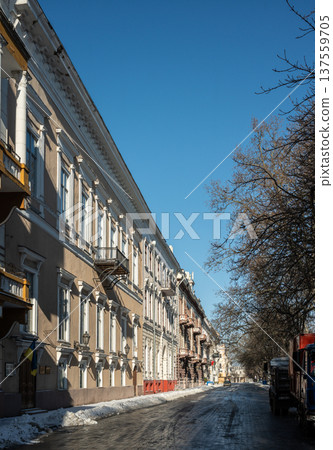 Snowy winter cityscape of UNESCO historic center of Odessa, Ukraine 137559705