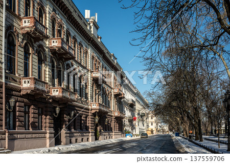 Snowy winter cityscape of UNESCO historic center of Odessa, Ukraine 137559706