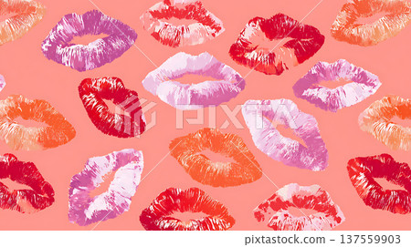 Colorful lipstick kiss prints pattern on peach background with playful romantic mood 137559903