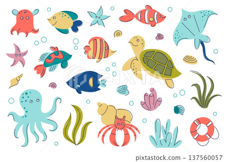 Cute sea animals clipart set, bright cartoon ocean creatures for kids. Turtle, clownfish, octopus, hermit crab, stingray, butterfly fish, starfish and seaweed, cheerful underwater vector illustration Cute sea animals clipart set, bright cartoon ocean creatures for kids. Turtle, clownfish, octopus, hermit crab, stingray, butterfly fish, starfish and seaweed, cheerful underwater vector illustration 137560057