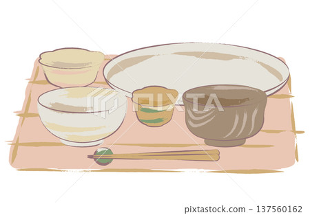 Hand-drawn illustration of tableware for a Japanese set meal Hand-drawn illustration of tableware for a Japanese set meal 137560162
