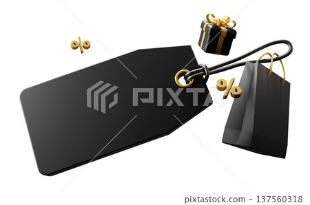 Minimal black and gold sale price tag mockup with shopping bag and gift box for premium discount offer 3D render Minimal black and gold sale price tag mockup with shopping bag and gift box for premium discount offer 3D render 137560318