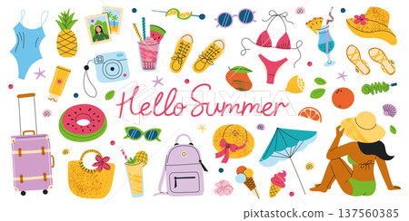 Hello summer lettering set with flat cartoon beach girl, accessories, cold drinks and tropical fruits. Vacation and sun protection essentials, holiday vector illustration collection Hello summer lettering set with flat cartoon beach girl, accessories, cold drinks and tropical fruits. Vacation and sun protection essentials, holiday vector illustration collection 137560385