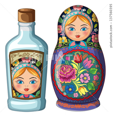 Russian Matryoshka Doll and Decorative Vodka Bottle Illustration Russian Matryoshka Doll and Decorative Vodka Bottle Illustration 137560395