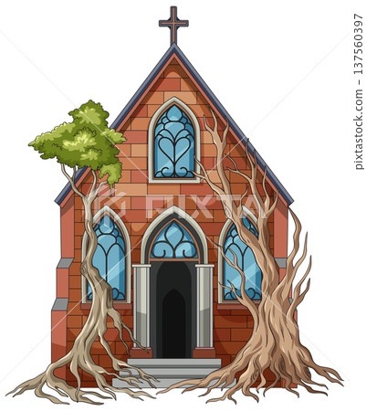 Old Brick Chapel Overtaken by Twisted Tree Roots 137560397
