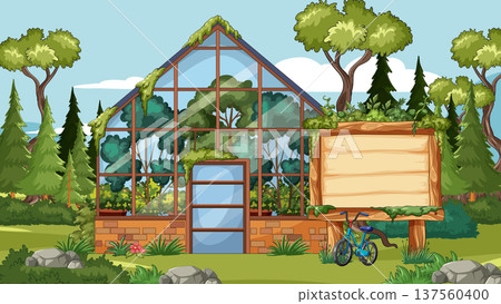 Glass Greenhouse in Forest Landscape with Bicycle 137560400