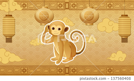 Chinese Zodiac Monkey Illustration with Traditional Lanterns and Golden Background 137560408