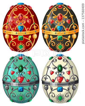 Set of Ornate Jeweled Faberg-Style Decorative Eggs 137560409