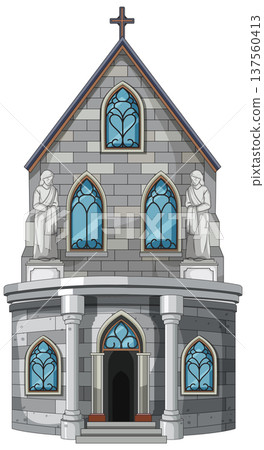 Gothic Stone Church Facade with Stained Glass Windows Gothic Stone Church Facade with Stained Glass Windows 137560413