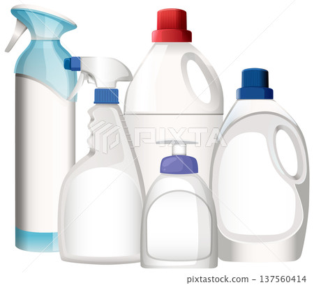 Assorted Plastic Cleaning Bottles with Various Caps and Dispensers 137560414