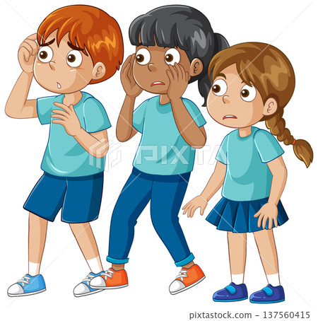 Three Diverse Children Looking Up with Worried and Concerned Expressions 137560415