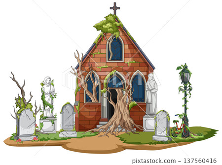 Abandoned Ivy Covered Chapel in Overgrown Cemetery 137560416