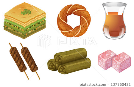 Traditional Turkish Foods and Drinks Vector Illustration Set 137560421