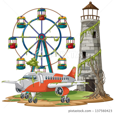 Abandoned Amusement Park with Airplane and Lighthouse 137560423