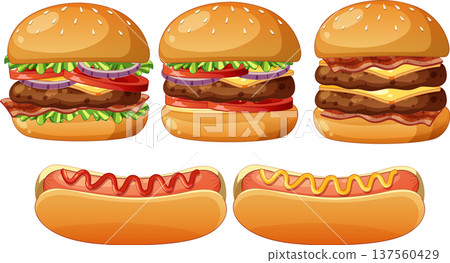 Vector Illustration of Classic Burgers and Hot Dogs Vector Illustration of Classic Burgers and Hot Dogs 137560429