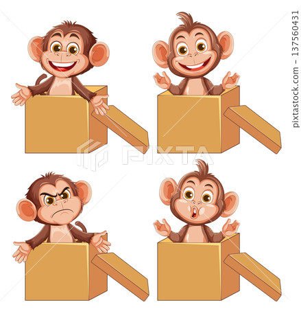 Cartoon Monkeys With Different Expressions in Cardboard Boxes Cartoon Monkeys With Different Expressions in Cardboard Boxes 137560431