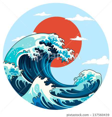 Dramatic Ocean Wave with Red Sun and Clouds 137560439