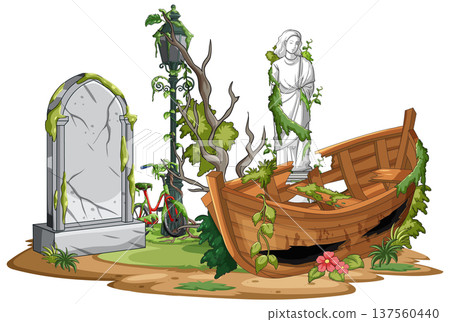 Overgrown Abandoned Graveyard with Broken Wooden Boat Overgrown Abandoned Graveyard with Broken Wooden Boat 137560440