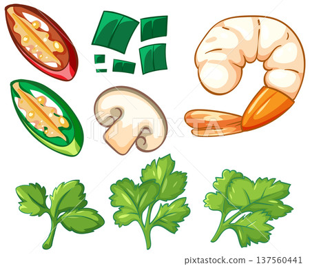 Vector Illustration of Asian Food Ingredients with Shrimp and Herbs Vector Illustration of Asian Food Ingredients with Shrimp and Herbs 137560441