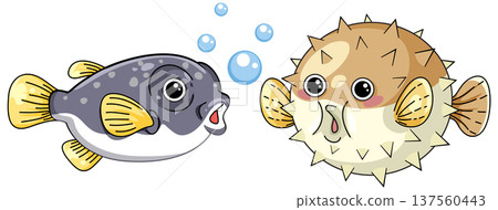 Cute Cartoon Pufferfish and Blowfish Swimming Together on White Background Cute Cartoon Pufferfish and Blowfish Swimming Together on White Background 137560443