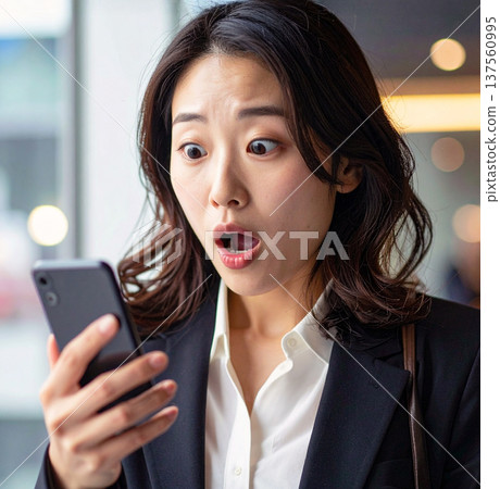 女商人驚訝地看到一部智能手機 女商人驚訝地看到一部智能手機 137560995