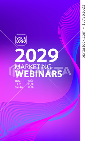 Futuristic purple background for marketing webinar and virtual event invitations. Dynamic vector illustration with neon wavy lines ideal for social media stories and technology  137561023