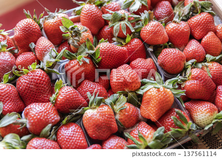 Close-up of red strawberries in clear plastic packs showing natural flaws and small mold spots. 137561114