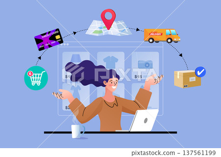 Female character with web store interface showing credit card payment map location and delivery truck symbols. Flat vector for e-commerce business workflow and digital retail supply chain concepts 137561199