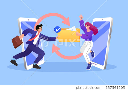 Digital data transfer concept with characters sharing a document folder via smartphones. Modern flat vector for cloud computing, fast file sharing, and secure online database management. 137561205