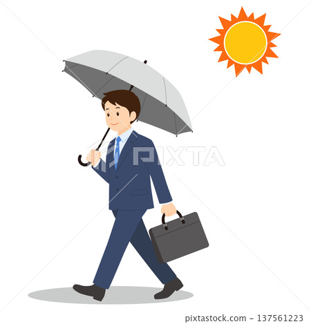 一位商人一邊走路一邊撐著陽傘遮陽。 一位商人一邊走路一邊撐著陽傘遮陽。 137561223