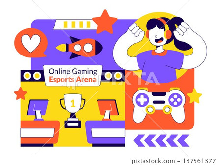 Online Gaming Esports Arena Vector Illustration With Live Streaming Tournament, Competitive Gamers, Digital Game Championship Event Background 137561377