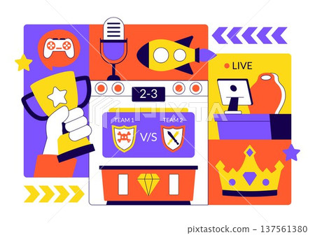 Online Gaming Esports Arena Vector Illustration With Live Streaming Tournament, Competitive Gamers, Digital Game Championship Event Background 137561380