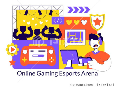 Online Gaming Esports Arena Vector Illustration With Live Streaming Tournament, Competitive Gamers, Digital Game Championship Event Background 137561381