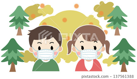 Illustration of a child wearing a mask to prevent hay fever during the hay fever season 137561388