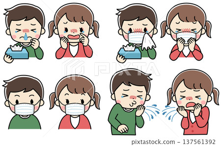 Illustrated icon set of children suffering from runny nose and sneezing Illustrated icon set of children suffering from runny nose and sneezing 137561392