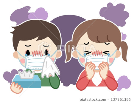 插圖描繪了生病、咳嗽或流鼻涕的兒童戴著口罩的情景。 插圖描繪了生病、咳嗽或流鼻涕的兒童戴著口罩的情景。 137561395